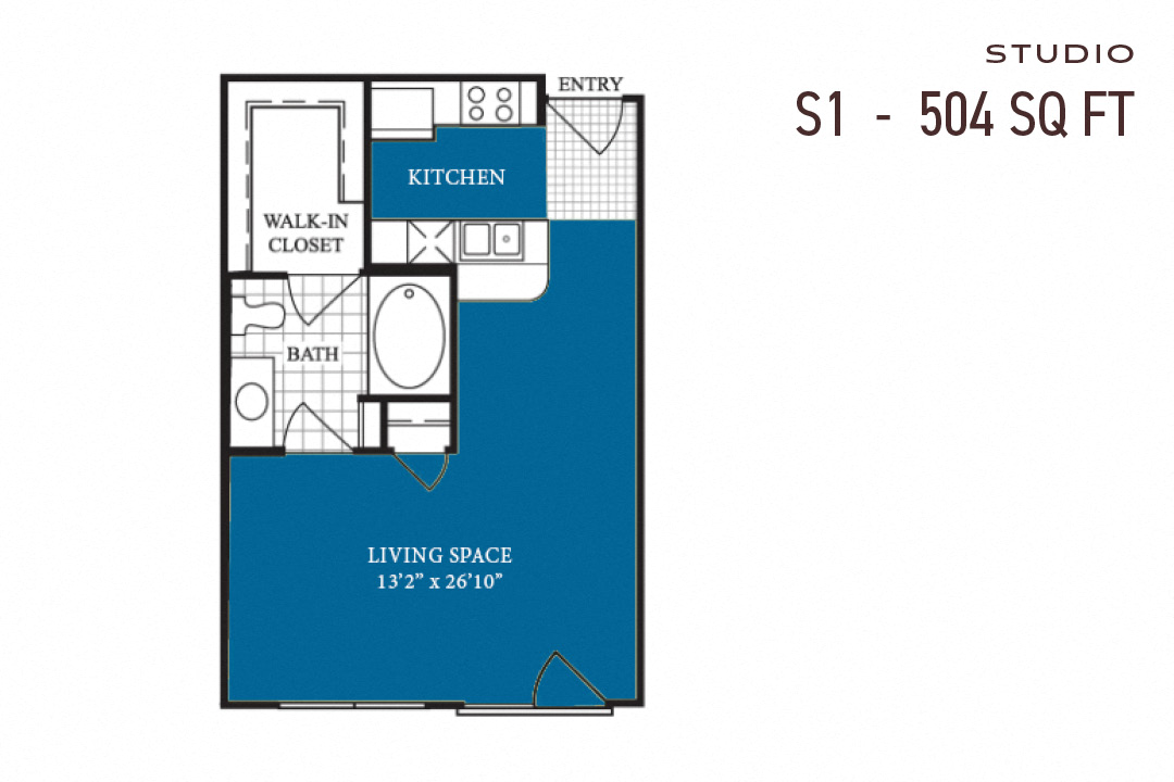 Floor plan for studio, 1 bath, 504 sqft